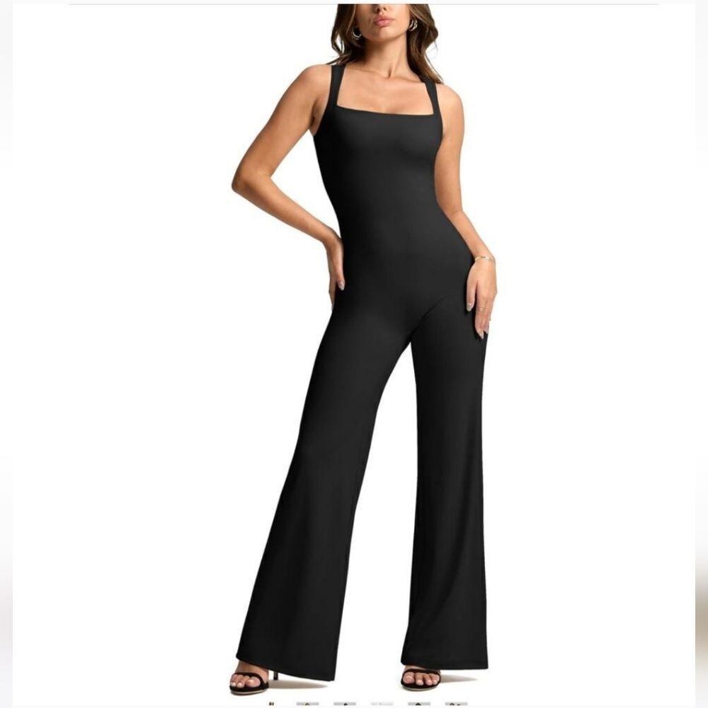 Vilanva Wide Leg flare Jumpsuit Square Neck One Piece Outfit Stretch Romper S
